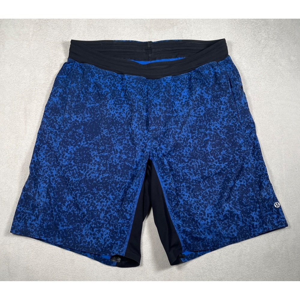 Lululemon Mens THE Linerless Shorts Medium Blue Spray Camo Stretch Running 9.5"